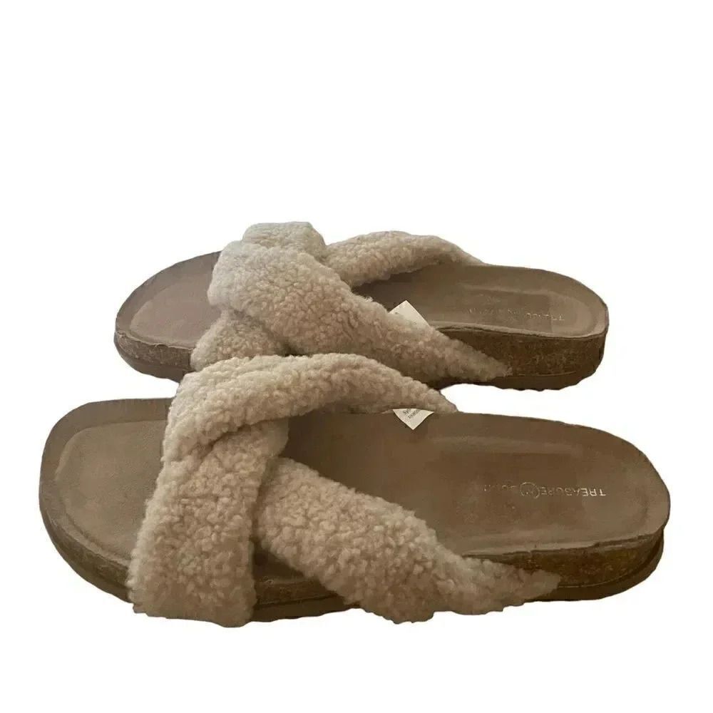 Treasure & Bond Beige Casual Wedge Slide Slippers Fabric Upper 1 Inch Beach 8 M